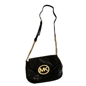Michael Kors black snakeskin cross body bag / gold hardware.